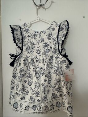 Girls Nautical Print Dress with Navy Trim